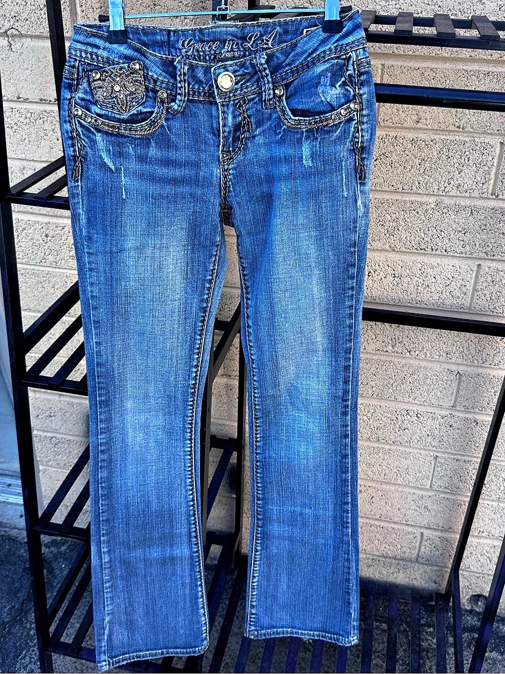 Grace in LA Embellished Bootcut Jeans in Blue Waist 25